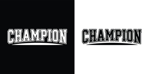 Black and white graphic illustration of the word champion with a distressed effect, presented on both black and white backgrounds