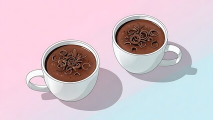Enjoy two warm cups of rich hot chocolate, elegantly topped with chocolate shavings, set against a soft, gradient background. Ideal for comfort food and sweet cravings.