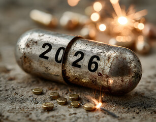 metallic time capsule marked '2026' surrounded by sparkling lights, happy new year