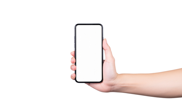 Hand holding a black smartphone with a blank white screen display in portrait orientation on a light surface plain white background and png