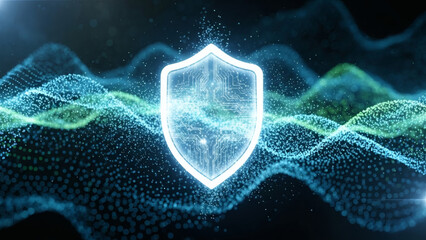 Glowing digital shield icon symbolizing cybersecurity, data protection, and network defense floating on an abstract particle wave