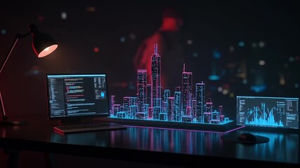 Cyberpunk Cityscape Desk With Neon Glow and Coding Screens - Powered by Adobe