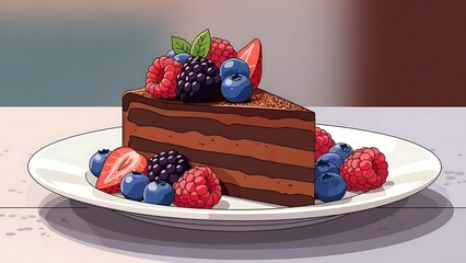 A delightful cartoon illustration of a chocolate cake slice adorned with fresh raspberries, blueberries, blackberries, and strawberries, served on a white plate.