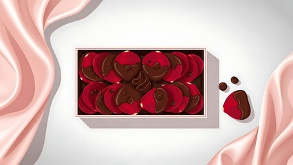 A delightful box of red heart-shaped chocolates, some dipped in rich dark chocolate, elegantly presented on a white background with flowing pink fabric. Perfect for gifts, dessert, or Valentine's Day.