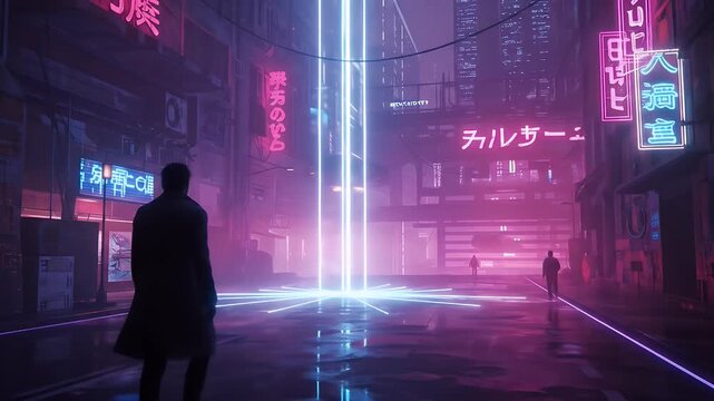 Cyberpunk City Street at Night with Neon Lights and Rain