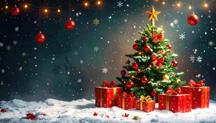 Festive Christmas tree adorned with ornaments and gifts in a snowy winter scene.