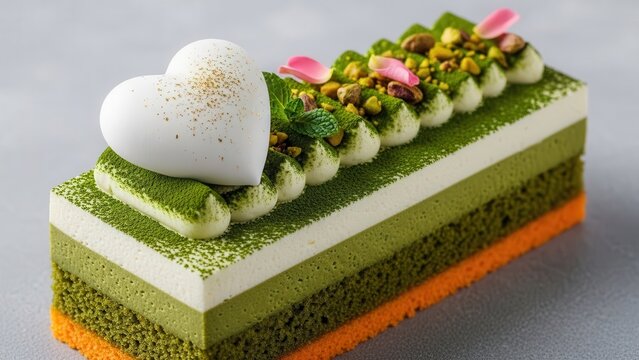 Elegant layered matcha cake with white heart decoration and pistachio topping, close-up