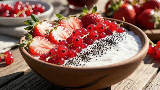 Summer Berry Smoothie or Yogurt Bowl Artfully Decorated with Fresh Strawberries, Red Currants, and Chia Seeds, Ideal for a Refreshing Dessert or Breakfast.