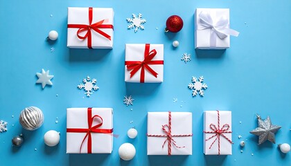Festive Christmas Gifts and Ornaments Flat Lay on Blue Background.