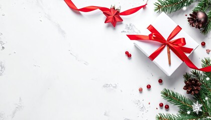 Elegant Christmas gift box with pine branches and festive ornaments on white background.