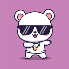 Fototapeta premium Cute Vector Illustration of a Stylish White Bear in Sunglasses and Gold Necklace Dancing on Purple Background