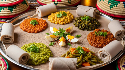Ethiopian injera platter with colorful stews and vegetables traditional shared dining setup cultural restaurant ambiance