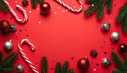 Festive Christmas border arrangement with pine branches ornaments and candy canes on red background.