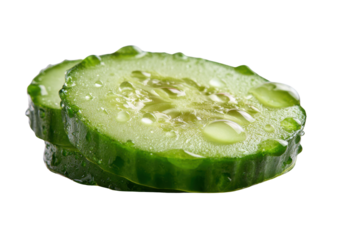 Two fresh green cucumber slices with water droplets on black background image