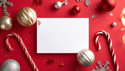 Festive Christmas Decorations Arranged Around a Blank White Card for Holiday Greetings.