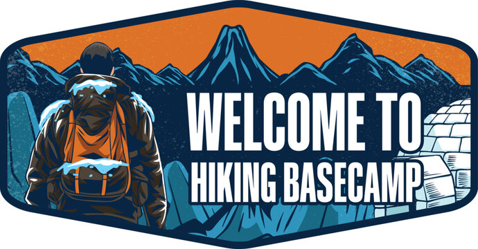 Welcome sign to the hiking basecamp featuring a snow explorer with a backdrop of icy mountains