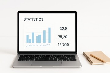 Open laptop on seamless white background showing mockup of statistical dashboard with simple bar chart and line graph