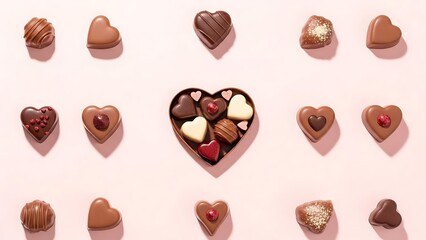 Delicious heart-shaped chocolates and a variety of gourmet pralines presented on a soft pink background. Ideal for Valentine's Day, romance, and sweet indulgence.