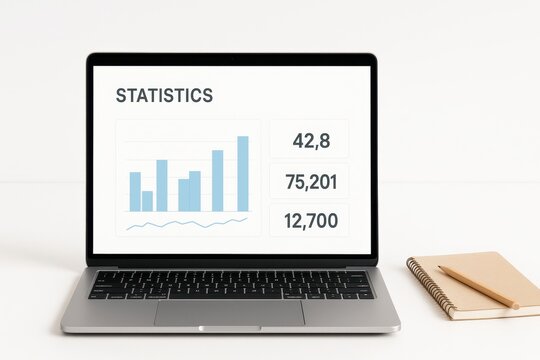 Open laptop on seamless white background showing mockup of statistical dashboard with simple bar chart and line graph