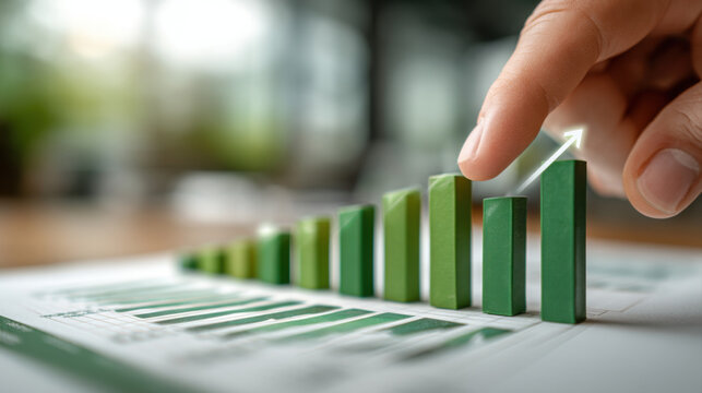 A hand pointing at a green bar graph, symbolizing growth and progress in data analytics or business performance.