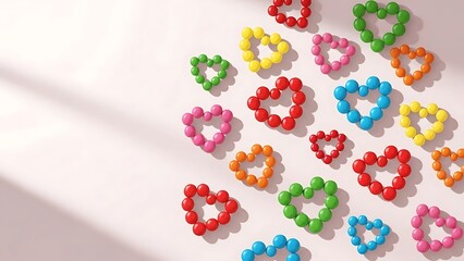 Vibrant heart shapes meticulously crafted from colorful candies on a light background, perfect for Valentine's Day, sweet treats, love, celebrations, and romantic themes.