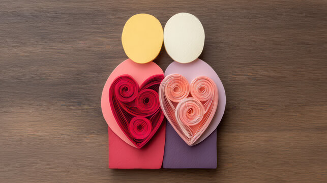 Two abstract figures with colorful hearts represent love and affection, crafted from paper quilling art on a wooden background.