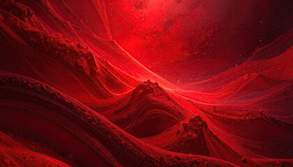 Vivid Red Abstract Landscape With Flowing Organic Textures.