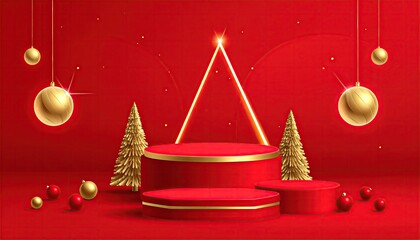 Elegant Red and Gold Christmas Stage with Festive Ornaments and Trees.