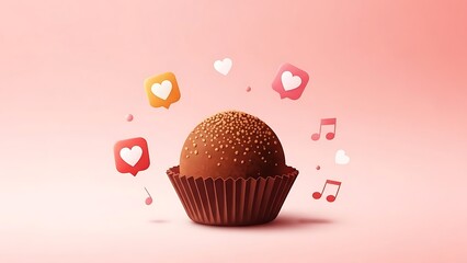 Delicious chocolate truffle adorned with sprinkles, surrounded by floating heart 'like' icons and musical notes on a soft pink background. Perfect for sweet celebrations and social media themes.