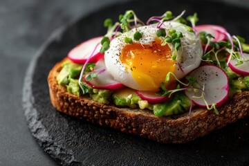 Gourmet avocado toast with poached egg radish and microgreens on black stone plate for café menu brunch branding healthy lifestyle editorial and food packaging

