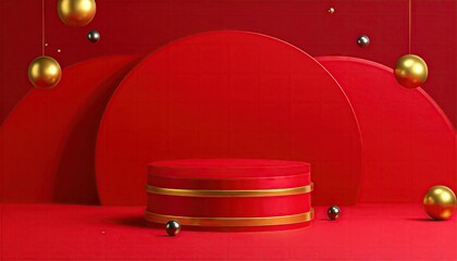 Minimalist Red Podium with Gold Accents and Decorative Spheres for Product Display.