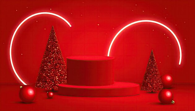 Festive Red Christmas Stage with Podium Trees and Ornaments Illuminated by Neon Rings.