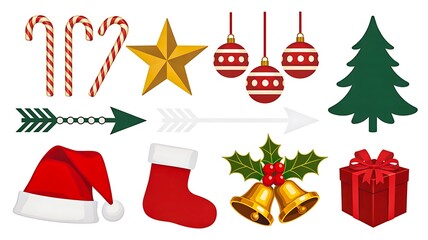 Christmas icon set with tree candy canes ornaments gifts and festive symbols
