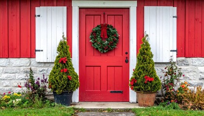 Festive red front door decorated with a Christmas wreath and two evergreen trees.