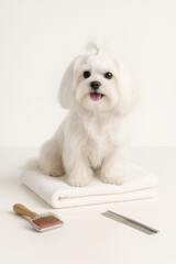 Close up Maltese dog with long white fur sitting on folded towel on smooth white surface with grooming brush and metal comb