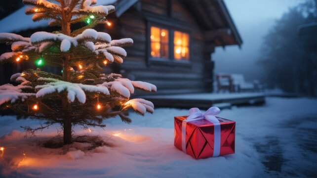 Winter Christmas Cabin scene: A festive outdoor Christmas scene, complete with a snow-covered cabin, lit Christmas tree, and a gift box, all aglow in the winter evening.