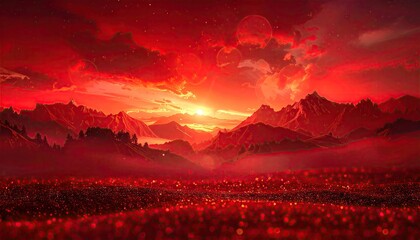 Dramatic Fiery Sunset Over Majestic Mountain Range With Illuminated Valley Below.