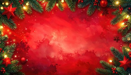 Festive Christmas border with fir branches red berries and warm glowing lights.