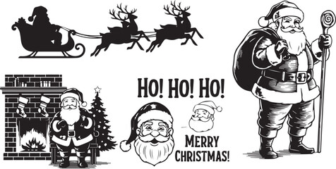 🎅 Smiling Santa Claus and Reindeer Line Art Coloring Page