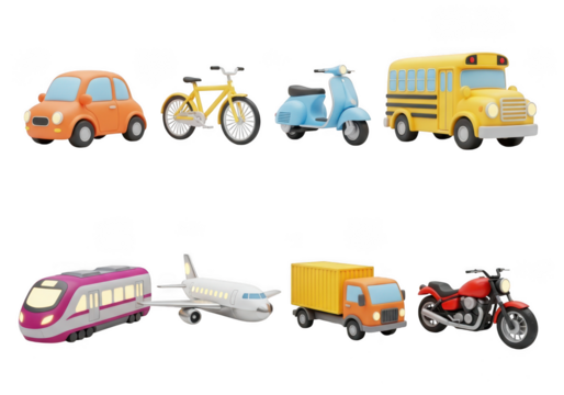 Collection of colorful 3d cartoon vehicles isolated on black background for transport concepts isolated on transparent background