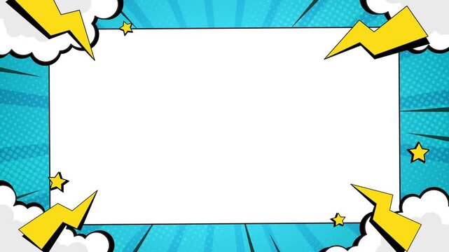 Blue playful comic animation background. Pop art comic style background, with blank frame space area.