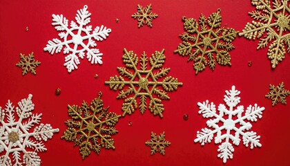Festive Christmas Snowflakes Decoration on Vibrant Red Background.