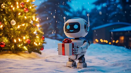 Cute robot holding christmas gift in snowy winter scene with glowing tree lights
