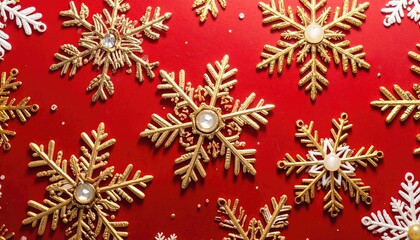 Golden and white decorative snowflakes scattered on a vibrant red background for winter holidays.