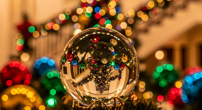 Macro Reflection of Christmas Tree in Glass Ornament with Colorful Lights on Indoor Staircase