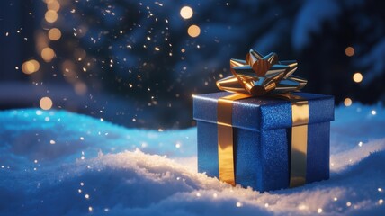 Holiday Gift in Snowy Landscape: A beautifully wrapped gift box sits amidst a serene snowy landscape, illuminated by a warm, inviting glow, creating a scene of holiday joy and anticipation.