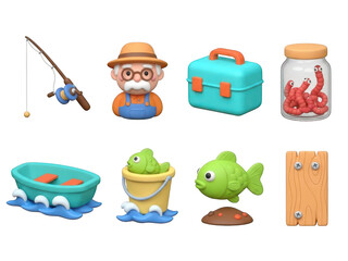 Cartoon fishing icons: fisherman, rod, fish, boat, bait, tackle box, wood plank isolated on transparent background