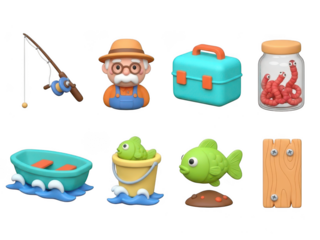 Cartoon fishing icons: fisherman, rod, fish, boat, bait, tackle box, wood plank isolated on transparent background