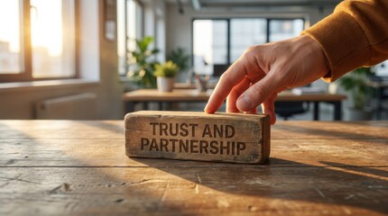 trust and partnership concept, wooden block symbolizing mutual reliability and shared commitment, workplace collaboration and organizational trust strengthening positive team impact