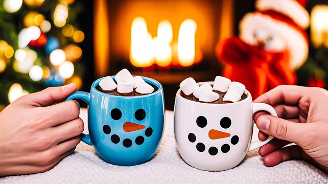 Snowman mugs with hot chocolate and marshmallows in cozy holiday fireplace setting

